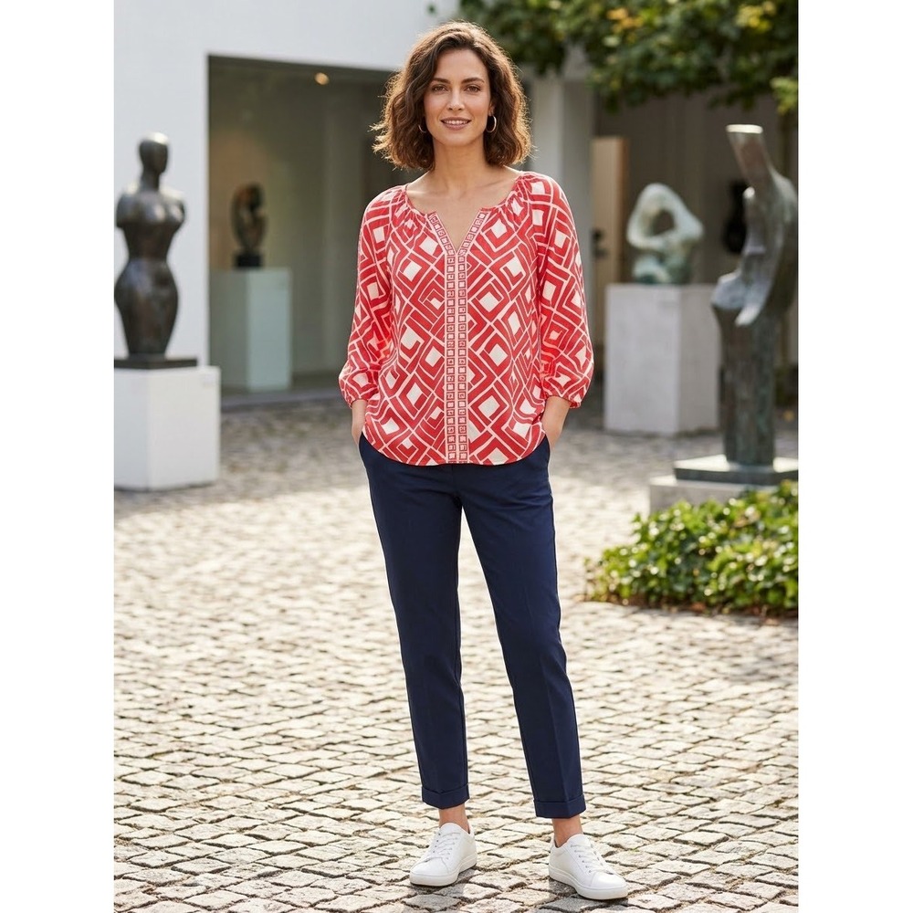 Alice Trixie Blouse Women S Red Excellent Silk Geometric Diamond Print 3/4 Slv